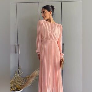 New - Dreamy Pink Baby Shower Pleated Long Sleeve Dress